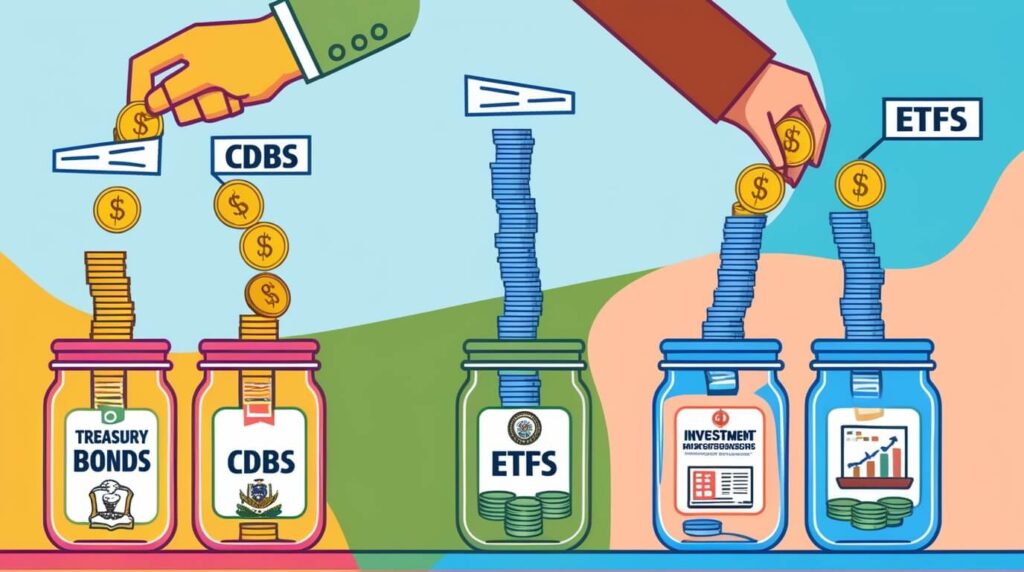 Ilustração mostrando opções de investimentos como Tesouro Direto, CDBs e ETFs com valores baixos.