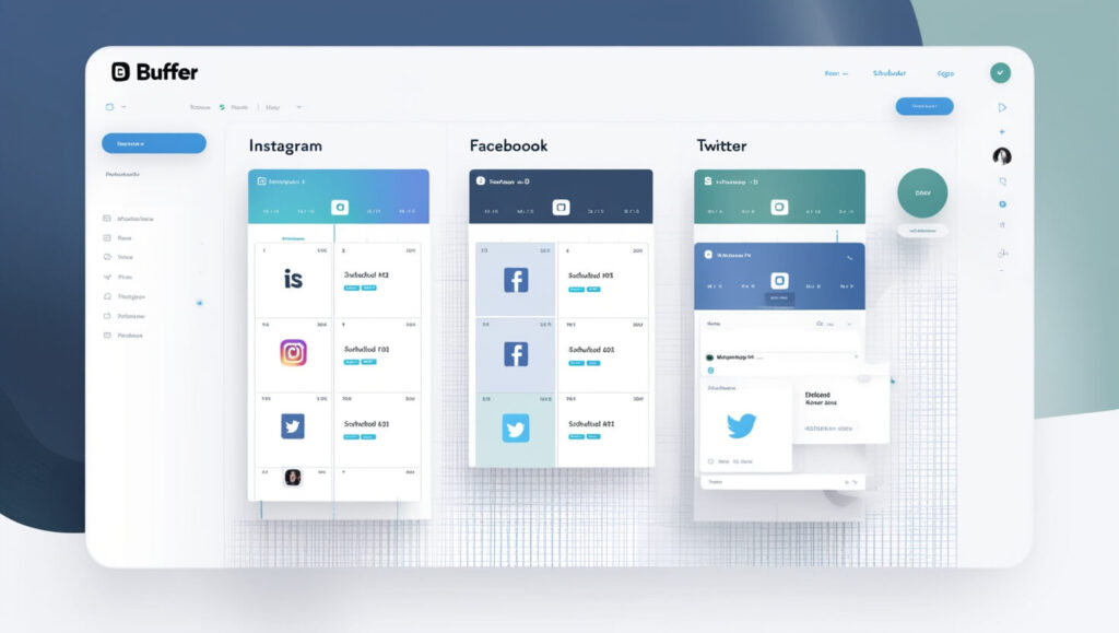 Interface de agendamento de posts em redes sociais usando a ferramenta Buffer, mostrando plataformas como Instagram e Facebook.