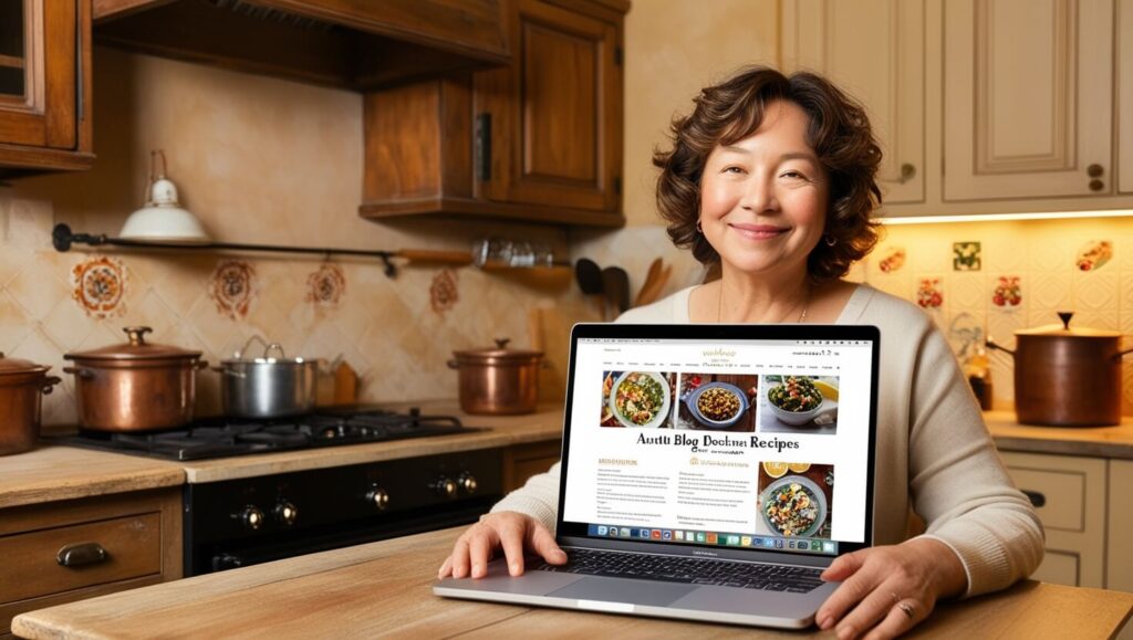 Pessoa digitando em um laptop com um blog de culinária na tela, em um ambiente de cozinha acolhedor.