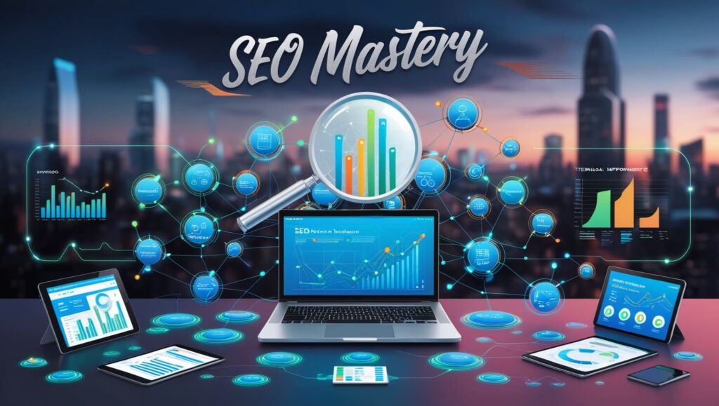 Representação de técnicas de SEO como pesquisa de palavras-chave e criação de conteúdo.