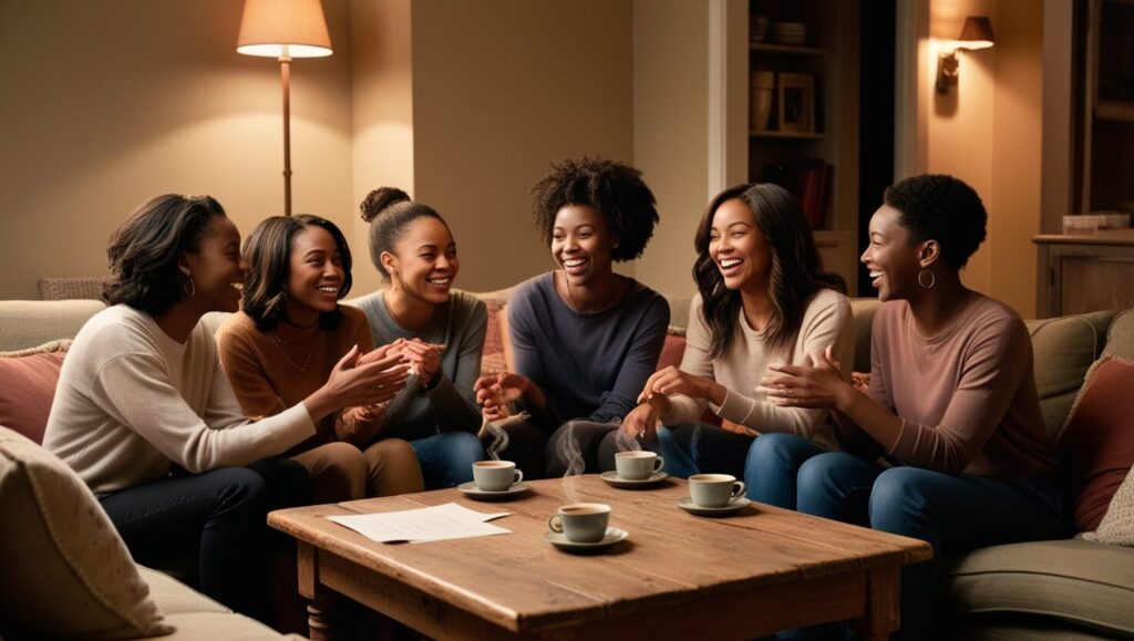 Amigos conversando e rindo em torno de uma mesa, simbolizando o apoio em momentos de medo.