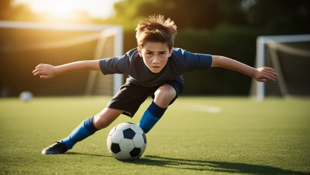 Criança jogando futebol com expressão de determinação.