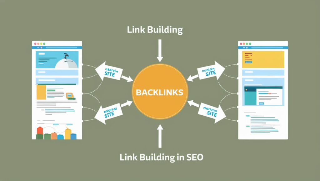 Diagrama de sites interconectados representando link building em SEO, com setas ligando um site principal a fontes externas.