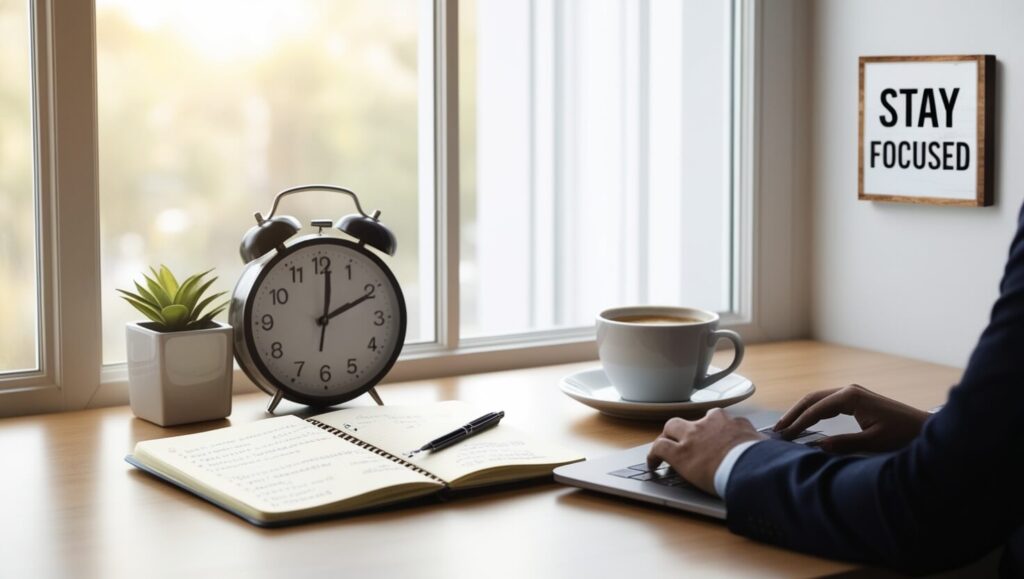 Espaço de trabalho com relógio marcando 10:00 AM, caderno, laptop e café, iluminado por luz natural, transmitindo concentração e motivação.