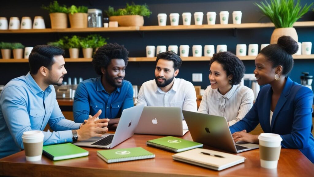 Grupo de empreendedores diversos discutindo práticas de negócios sustentáveis em um café, com materiais ecológicos e ideias de sustentabilidade.