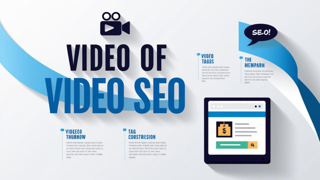 Infográfico de SEO de vídeo com título e tags.