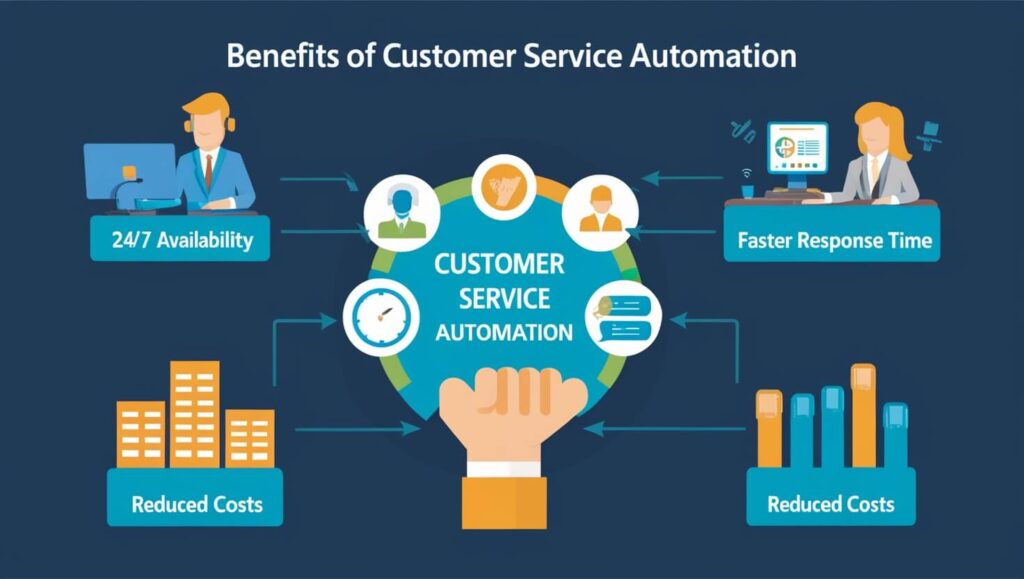 Infográfico ilustrando os benefícios da automação de atendimento ao cliente, com ícones e textos simples.