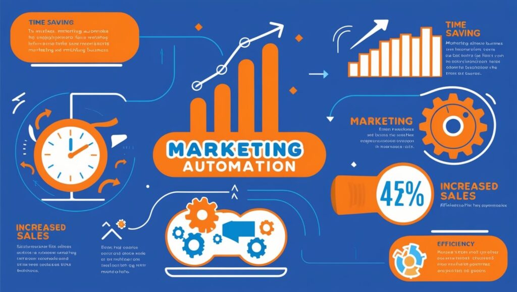 Infográfico ilustrativo mostrando os benefícios da automação de marketing, como aumento de vendas e economia de tempo.