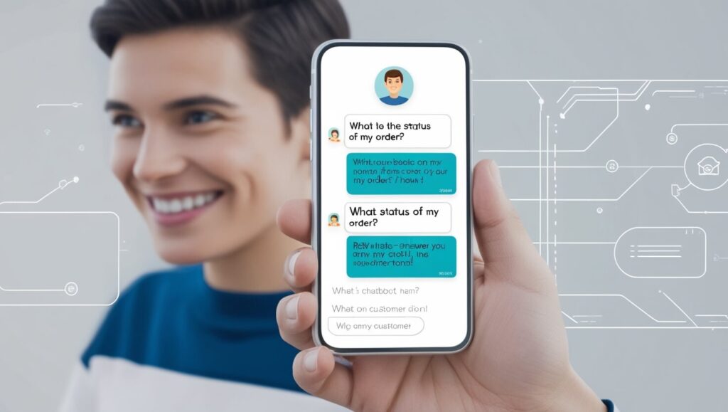 Interface de chatbot moderna em uma tela de smartphone, mostrando uma conversa respondendo perguntas comuns como 'Qual é o status do meu pedido?