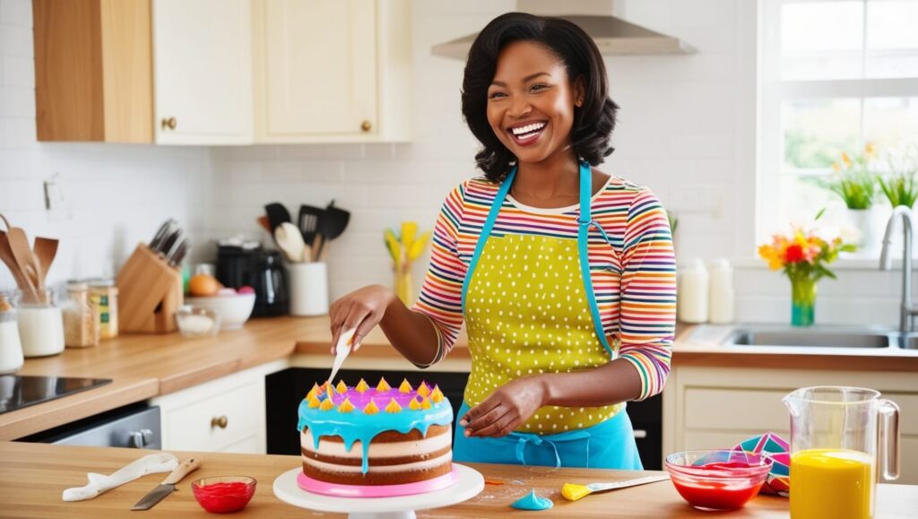 Mulher sorrindo na cozinha, decorando um bolo com glacê colorido, transmitindo alegria e paixão pelo trabalho.