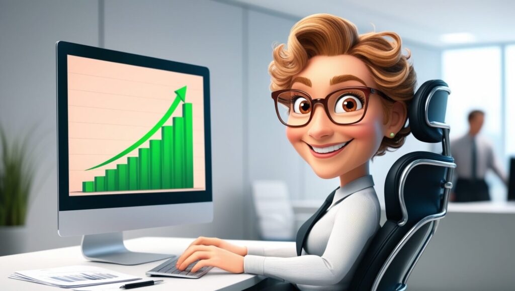 Personagem feliz usando um computador, com a tela exibindo gráficos de vendas em alta, simbolizando o sucesso da automação de marketing.